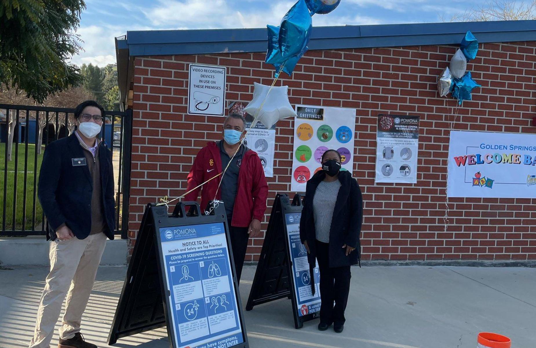 Golden Springs Cougars were warmly greeted by Principal Tamatha Damato, Board of Trustees President Andrew Wong, and Superintendent Richard Martinez. Shoutout to our Campus Supervisors for your heroic support. #proud2bepusd @goldenSprinPUSD