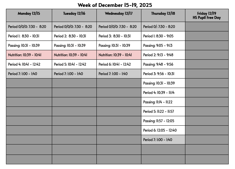 Dec. 15 Week Schedule