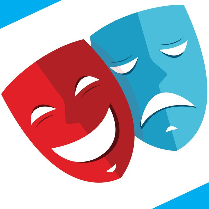 Two theatrical masks, one smiling in red and one frowning in blue.
