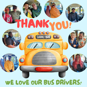 cartoon bus with photos of bus drivers around