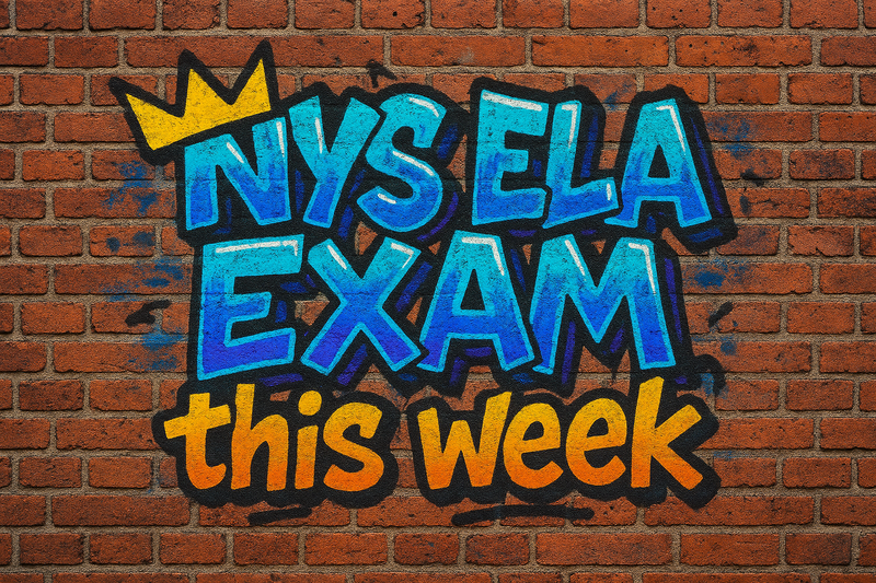 NYS ELA Exam this week in graffiti font on a brick wall background