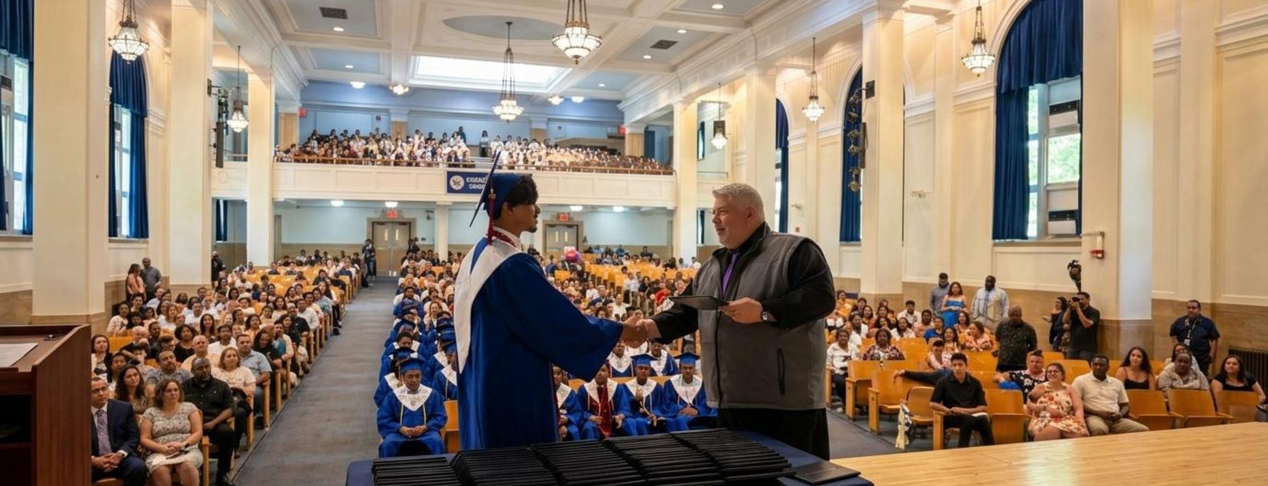 A graduate shakes hands while receiving a diploma in a crowded auditorium.