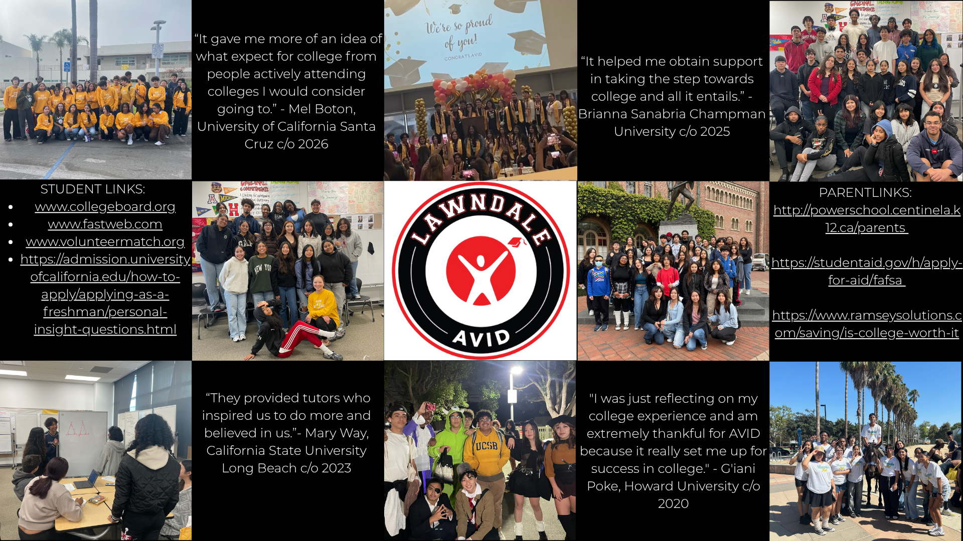 Lawndale AVID students and alumni participating in college visits, classroom activities, graduation, and community events.