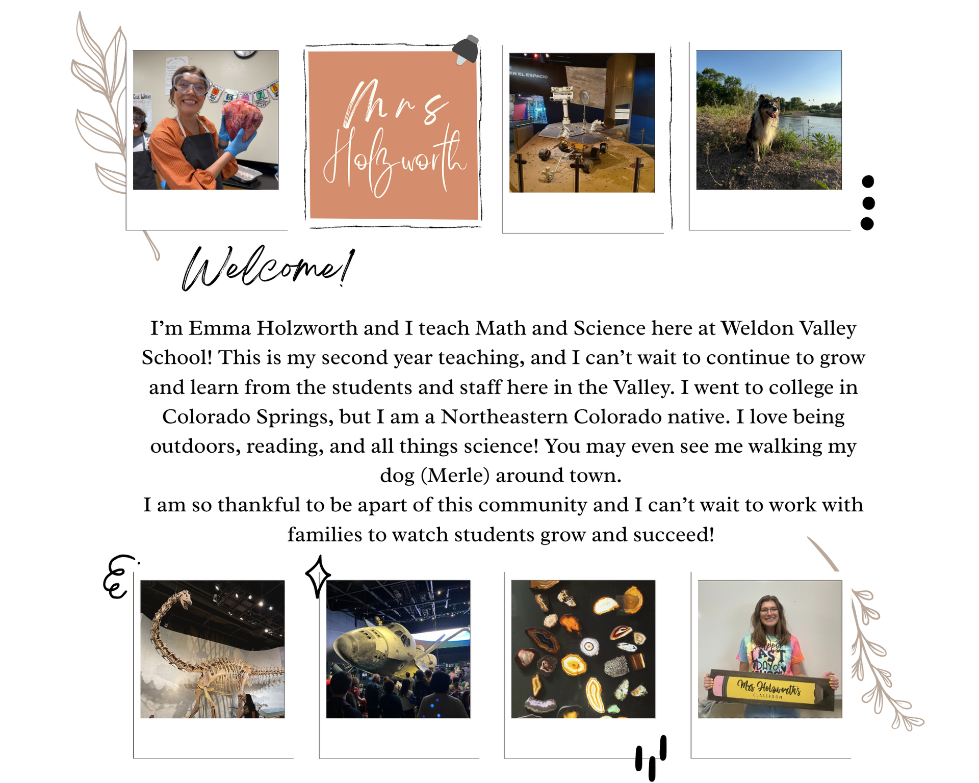 A collage featuring a teacher introducing herself, outdoors, and activities with students.