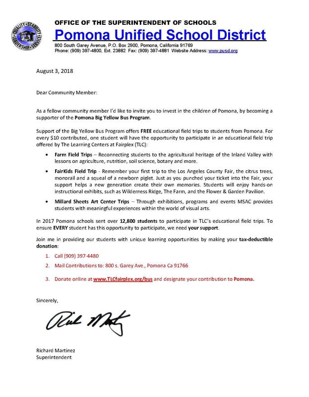 Letter to parents from superintendent regarding the big yellow bus program