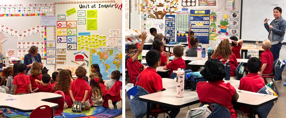 Students face teachers in a classroom