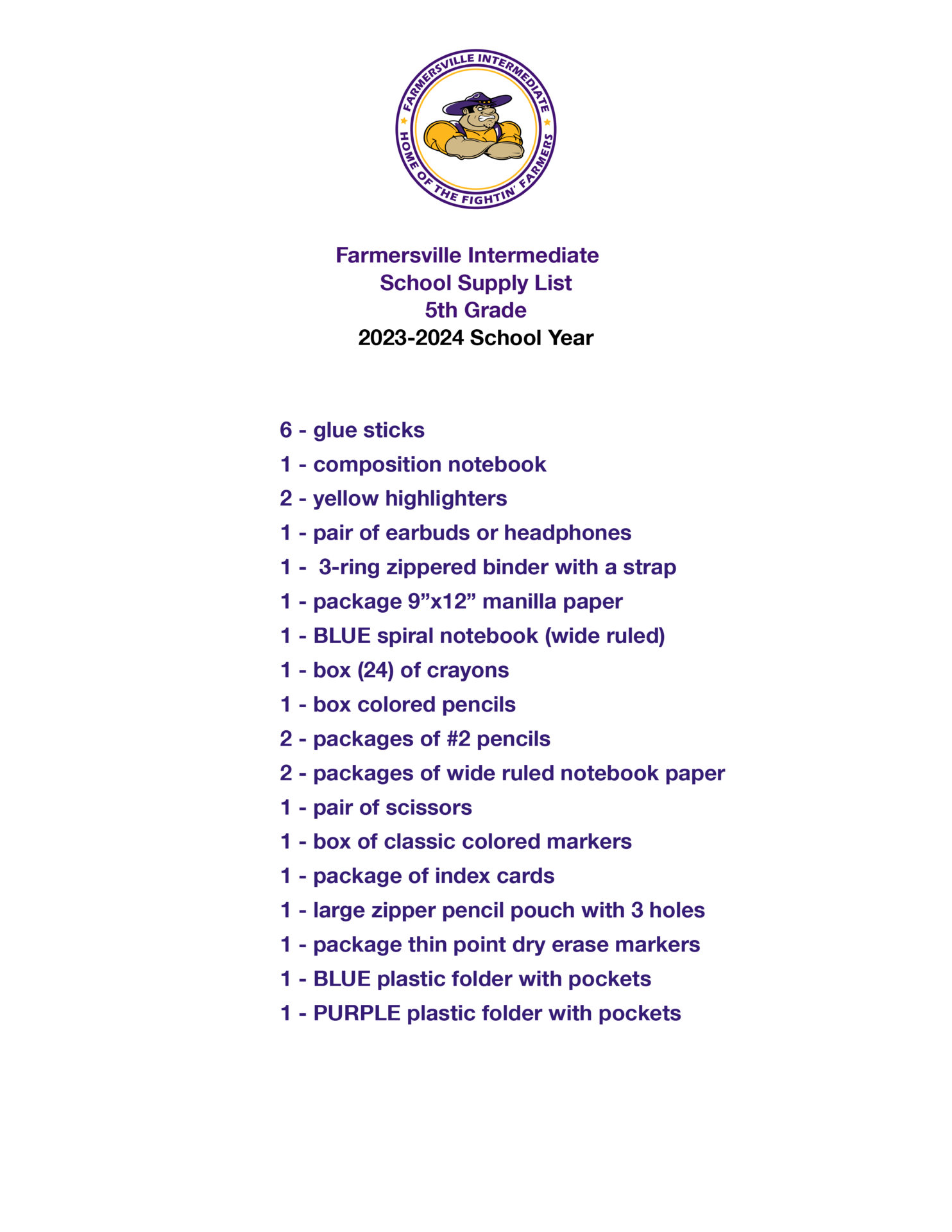 School Supply Lists for Farmersville ISD Parents & Students