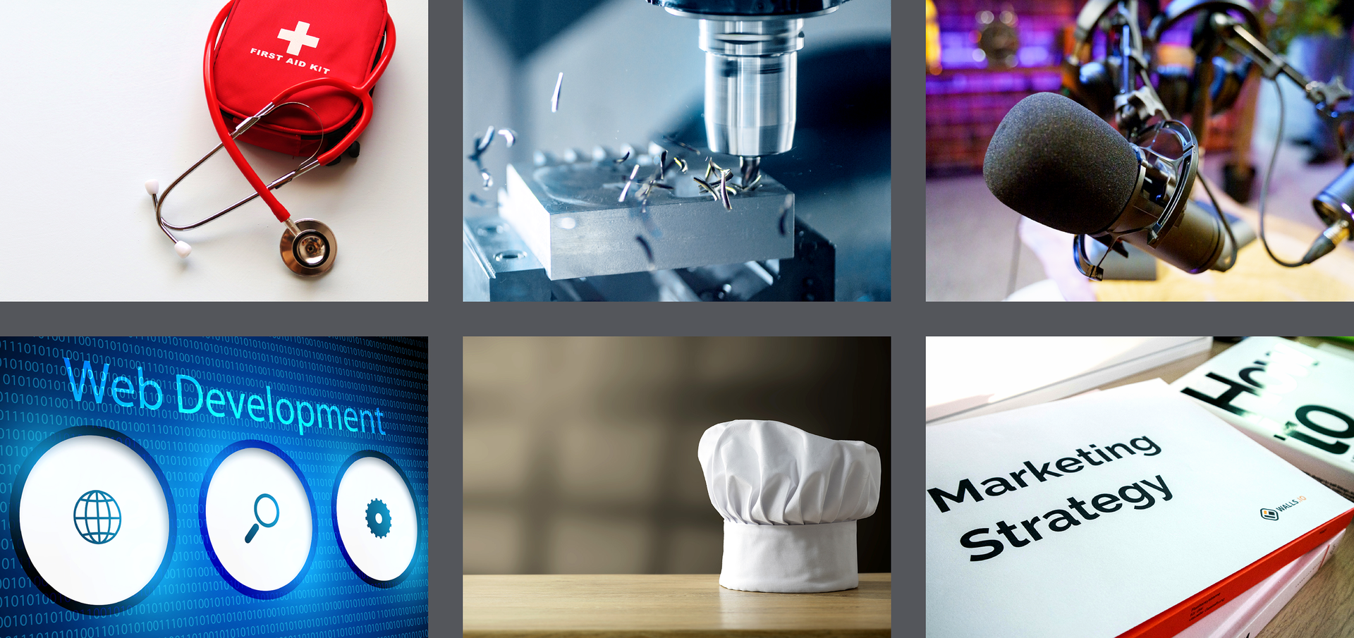 First aid kit, microphone, tools, chef's hat, and marketing documents displayed.
