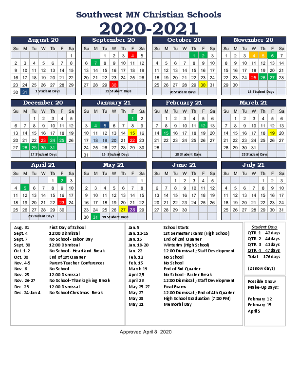 School Year Calendar Calendars Southwest Minnesota Christian Schools
