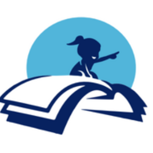 A silhouette of a girl pointing atop an open book with a blue background.