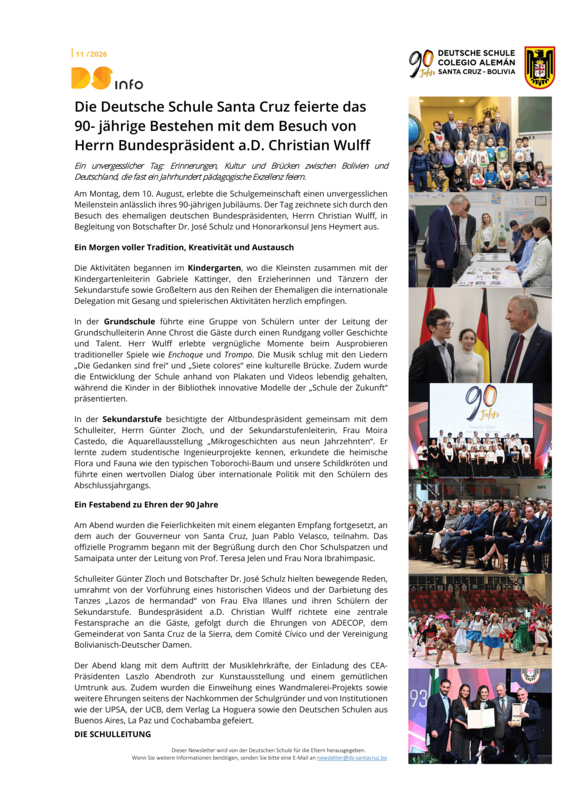 DS-info #11 -2026: Die Deutsche Schule Santa Cruz feierte das 90- jährige Bestehen mit dem Besuch von Herrn Bundespräsident a.D. Christian Wulff Featured Photo
