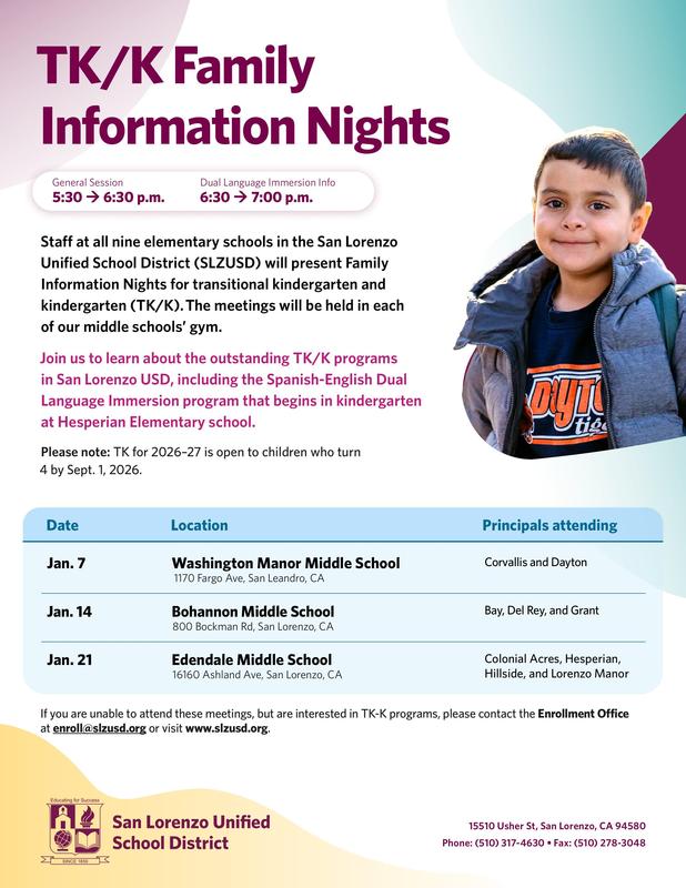 An English-language flyer with information at TK/K Family Information Nights
