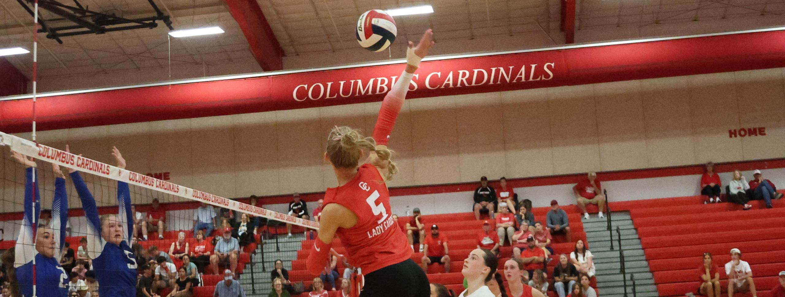 Harper G gets high to hit the volleyball over the net.