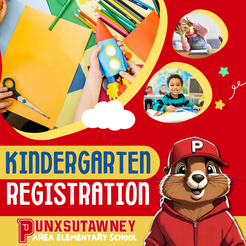 red background with photos of kindergarten students engaged in art activities