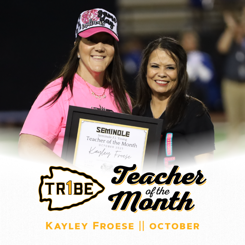 Kayley Froese being recognized for October's Teacher of the Month, pictured with Dr. Suarez