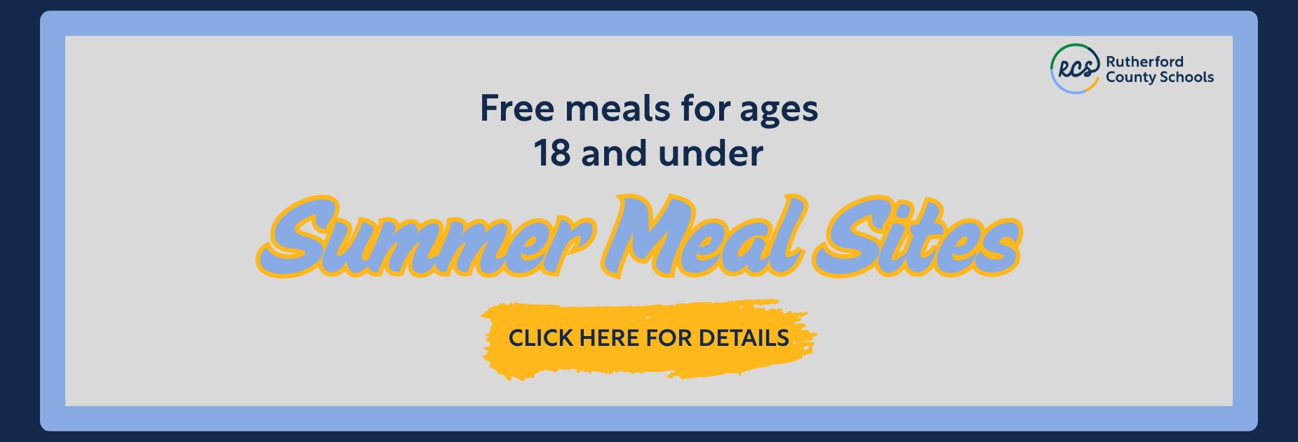 Free Summer Meals for ages 18 and under in blue text on gray background