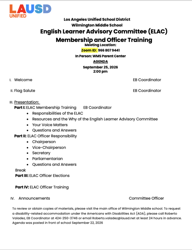 Agenda for ELAC Meeting 1