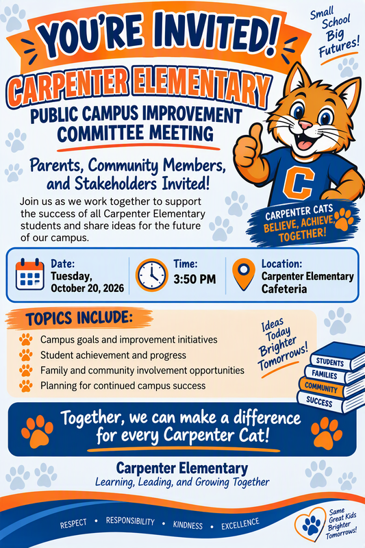 Carpenter Elementary committee meeting: Oct. 20, 2026, at 3:50 PM in the school cafeteria.