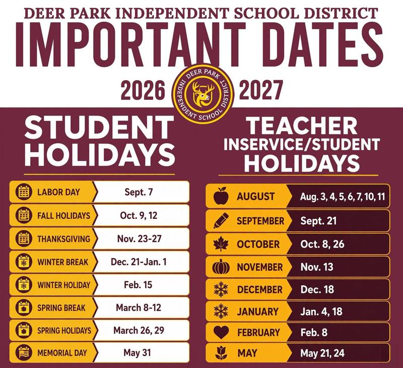 DPISD Important Dates 2026-2027