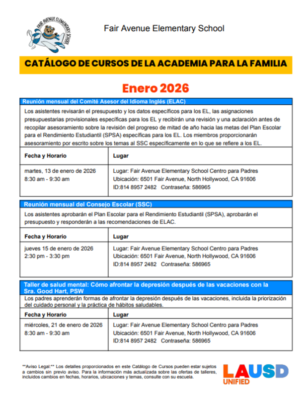 Catálogo de Cursos de la Academia para la Familia de enero