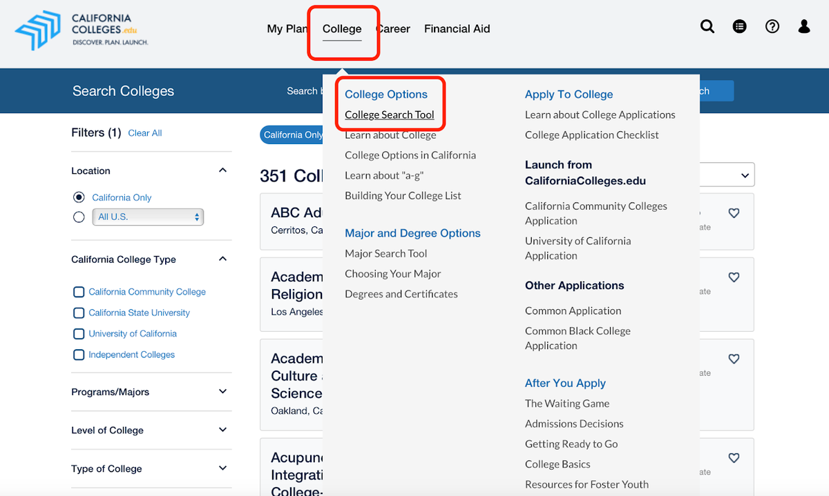 Screenshot of the menu on CaliforniaCollege.edu