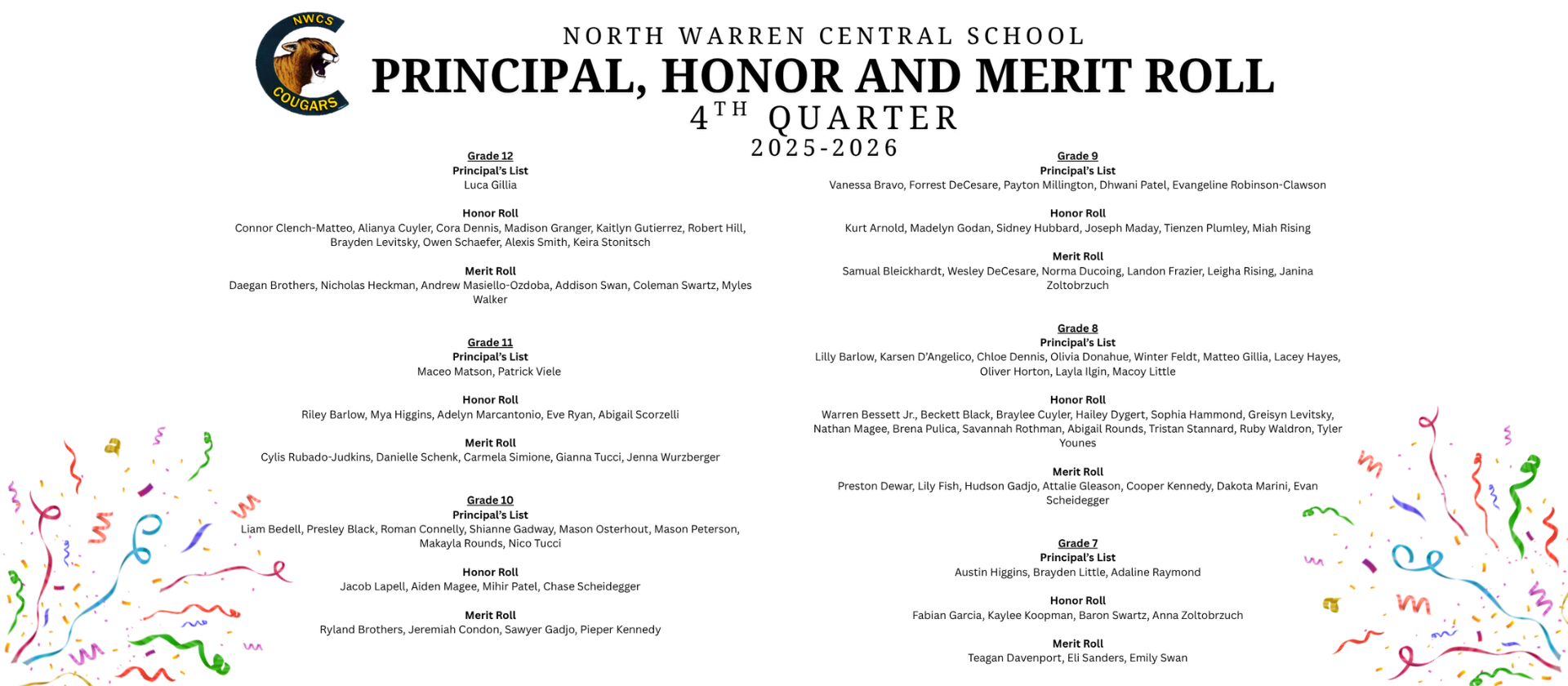 4th Quarter - Principal, Honor & Merit Roll