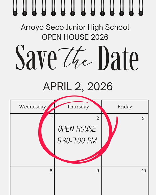 Calendar with circled date. text reads: Save the Date, April 2, 2026. Open House