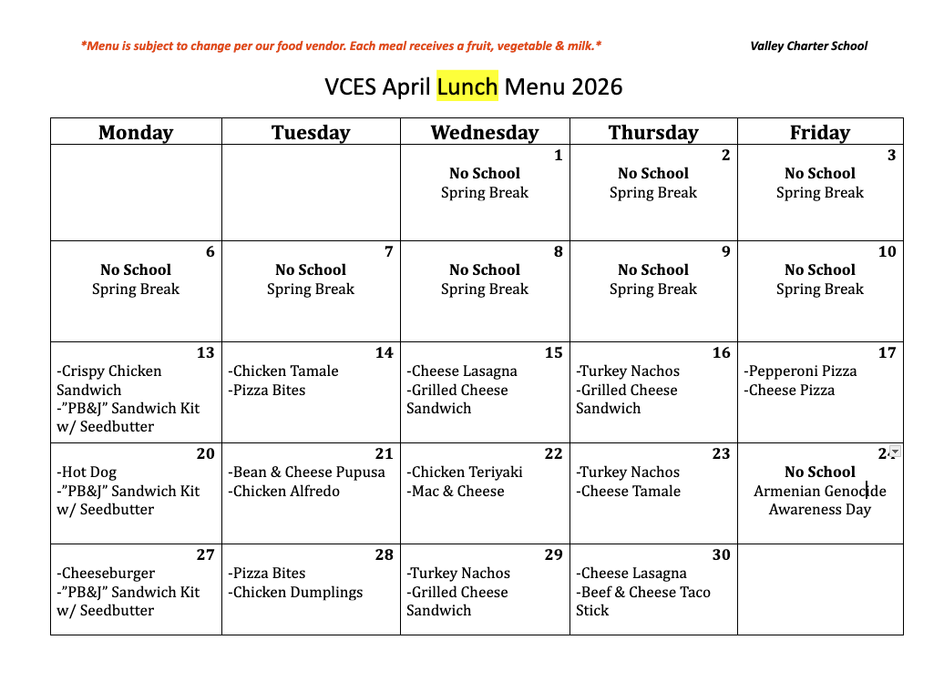 valley charter elementary school monthly lunch menu