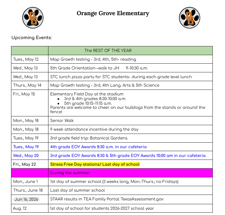 Upcoming Events at OG Elementary Featured Photo