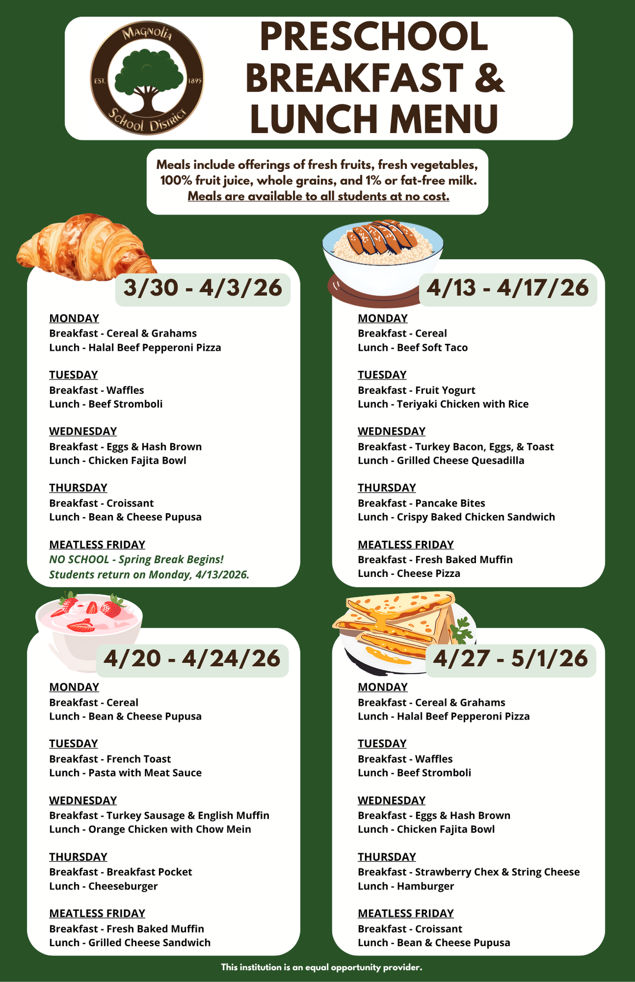 Preschool Breakfast and Lunch Menu April 2026