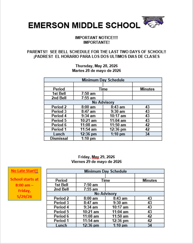 Last 2 days of School May 28th and May 29th Schedule