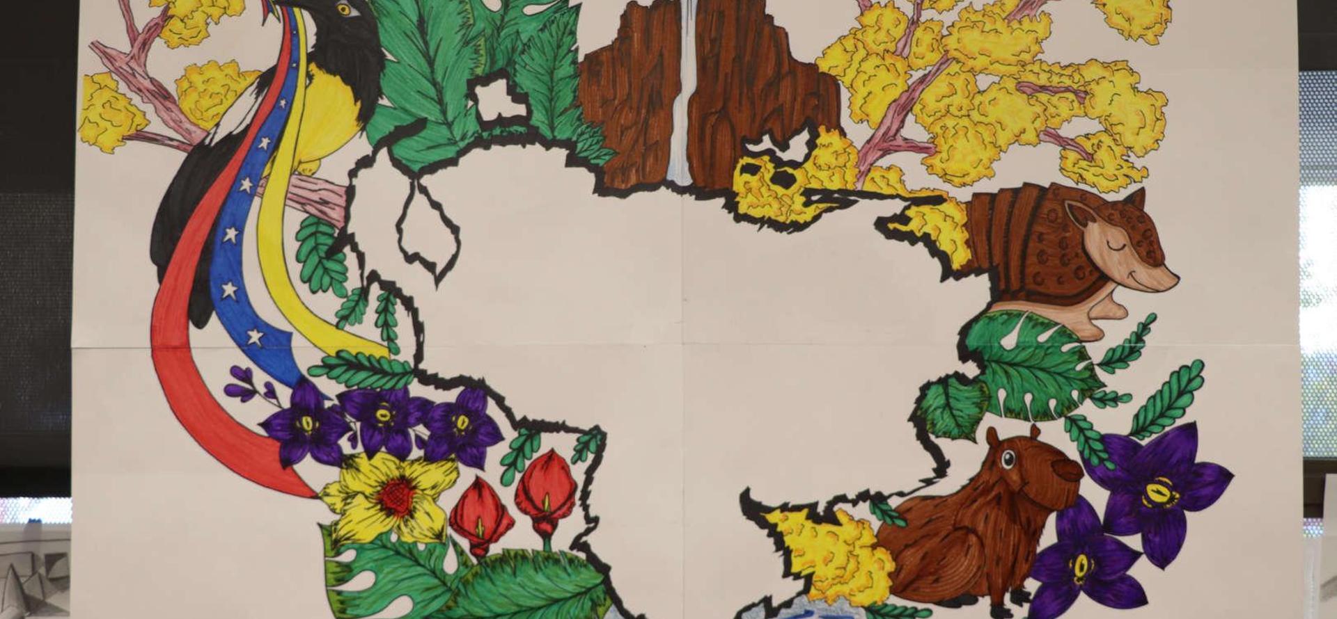 Colorful artwork depicting a map surrounded by various animals and plants.