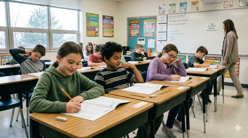 Fourth-grade students in a classroom taking standardized tests