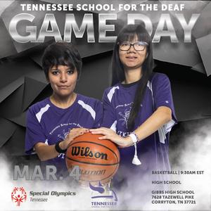 Two girls in purple jerseys holding a basketball, promoting Game Day event.