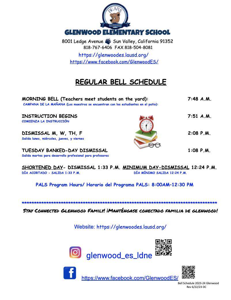Bell Schedule Students Glenwood Elementary