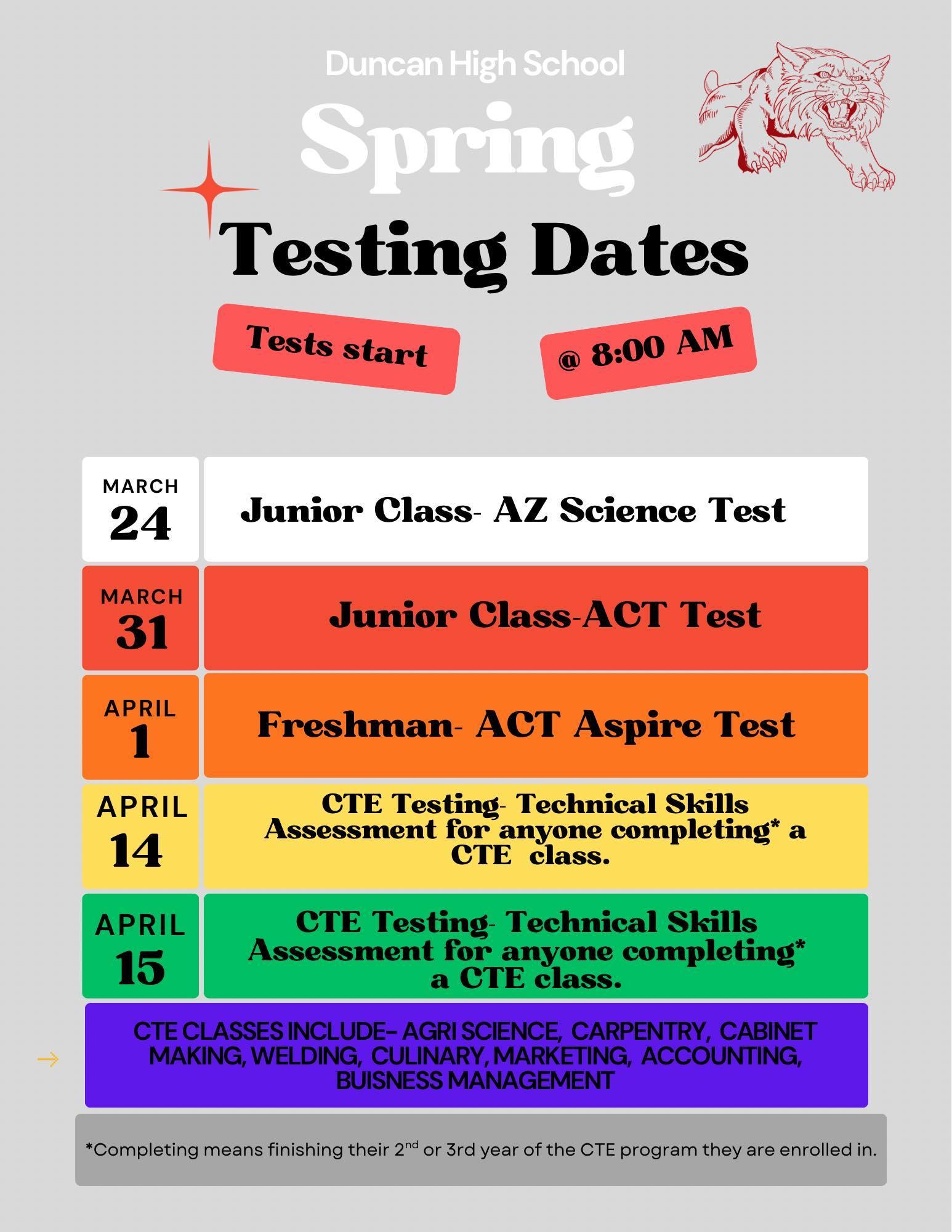grey background with HS testing dates listed out with multiple colors