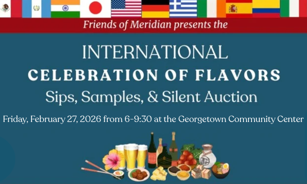 A festive display of international foods and country flags