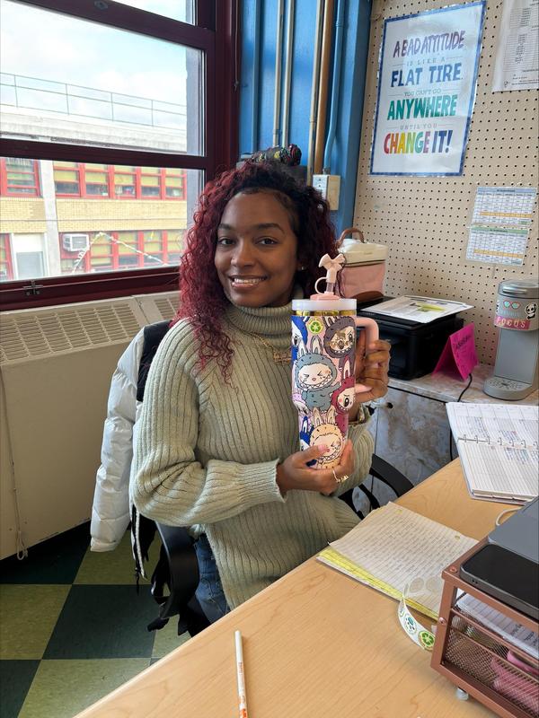Teacher with their labubu reusable bottle