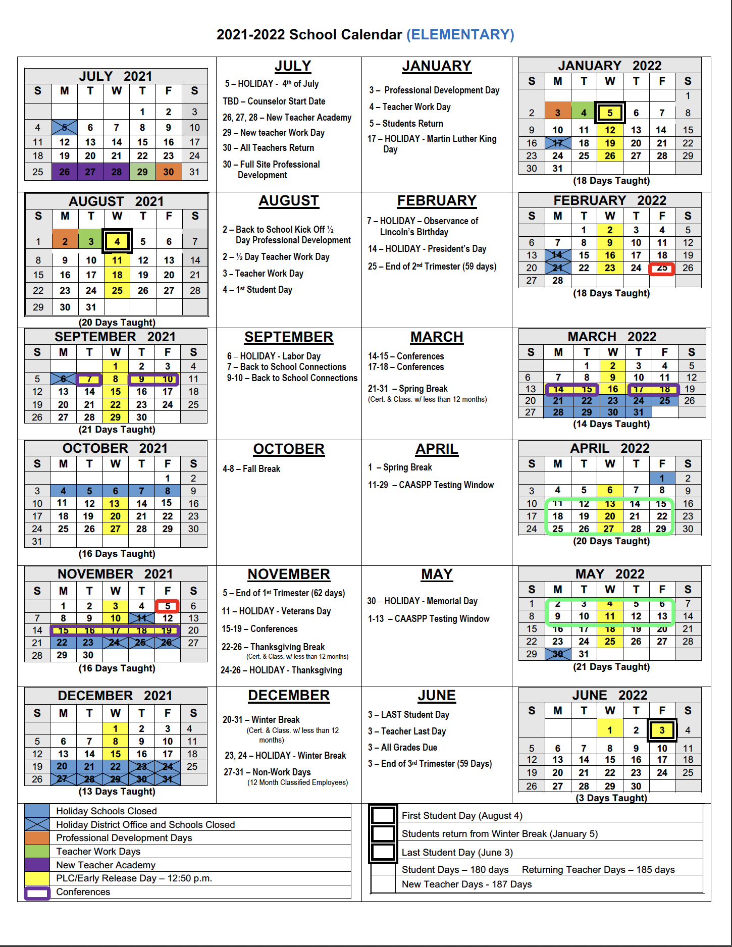 School Calendar Parents Foothill Elementary