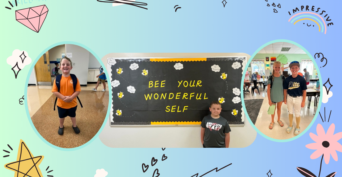 A cheerful collage featuring children in front of a decorative bulletin board.