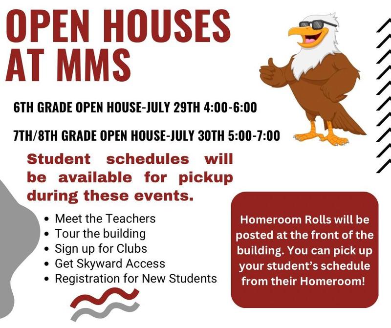 Graphic promoting Madisonville Middle School Open House events. The image lists the 6th Grade Open House on July 29 from 4:00–6:00 PM and the 7th/8th Grade Open House on July 30 from 5:00–7:00 PM. It states that student schedules will be available for pickup during the events and highlights activities including meeting teachers, touring the building, signing up for clubs, getting Skyward access, and registering new students. A note explains that homeroom rosters will be posted at the front of the building and schedules can be picked up from each student's homeroom. The graphic also features the Madisonville Middle School eagle mascot.