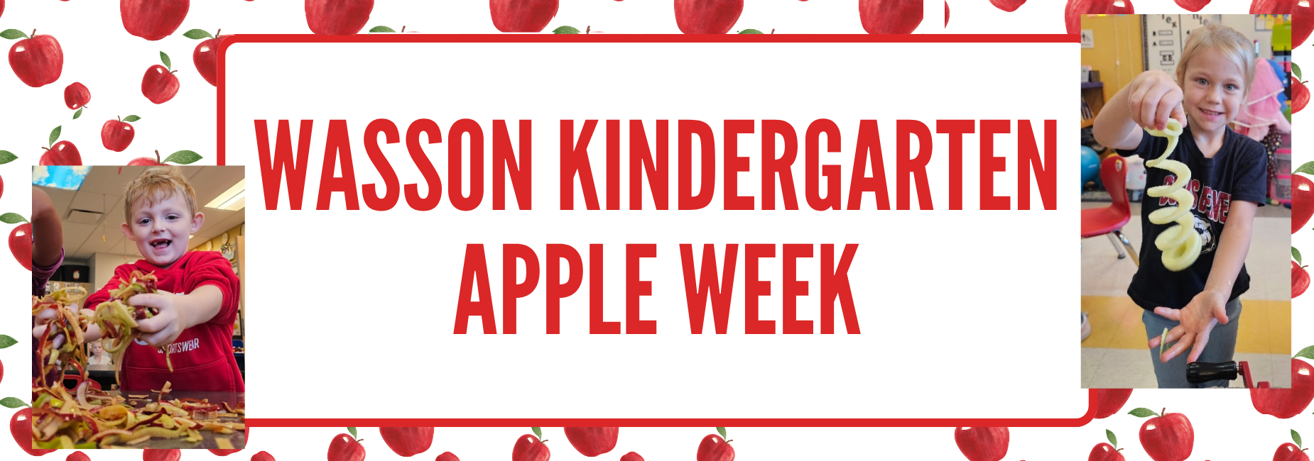 Kids celebrating Apple Week with apples and crafts in a classroom setting.