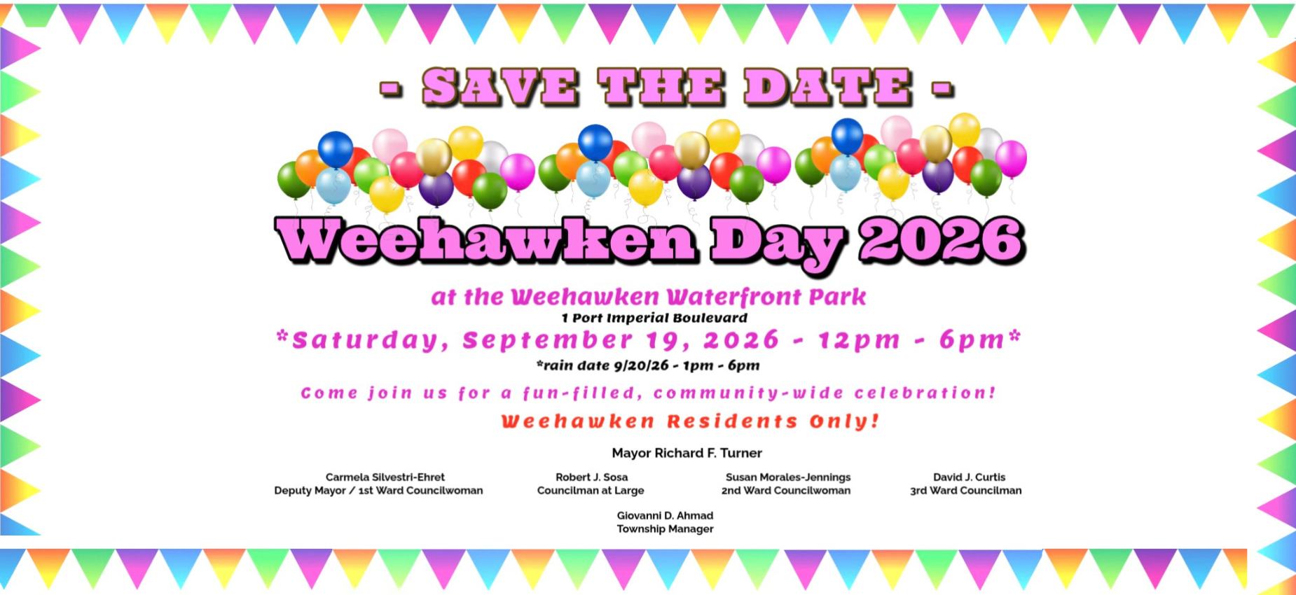 Save the date! 
Weehawken Day 2026
Saturday, September 19th
12PM ~ 6Pm
Weehawken Waterfront Park