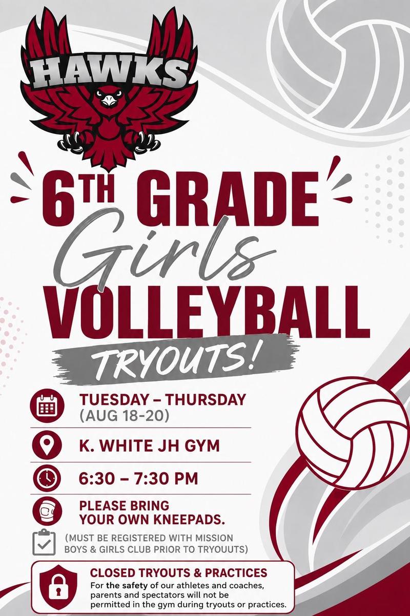 📣Attention 6th Grade Volleyball girls tryouts! Starting Tuesday Aug 18th-20th🏐