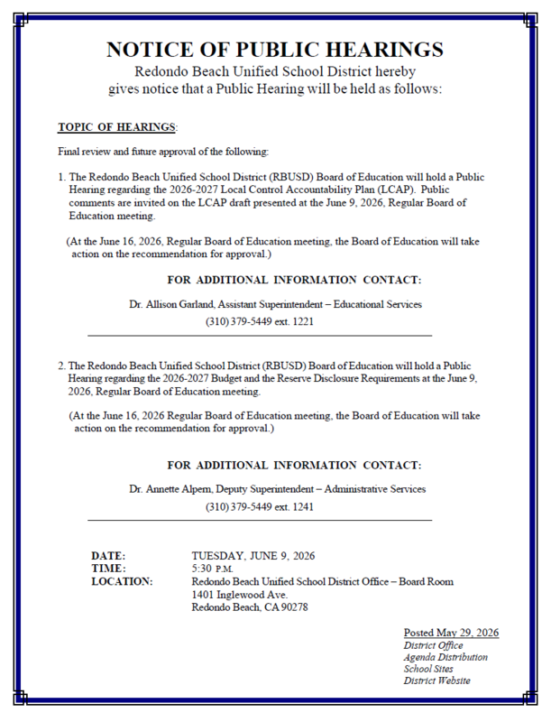 Notice of public hearings from Redondo Beach Unified School District.