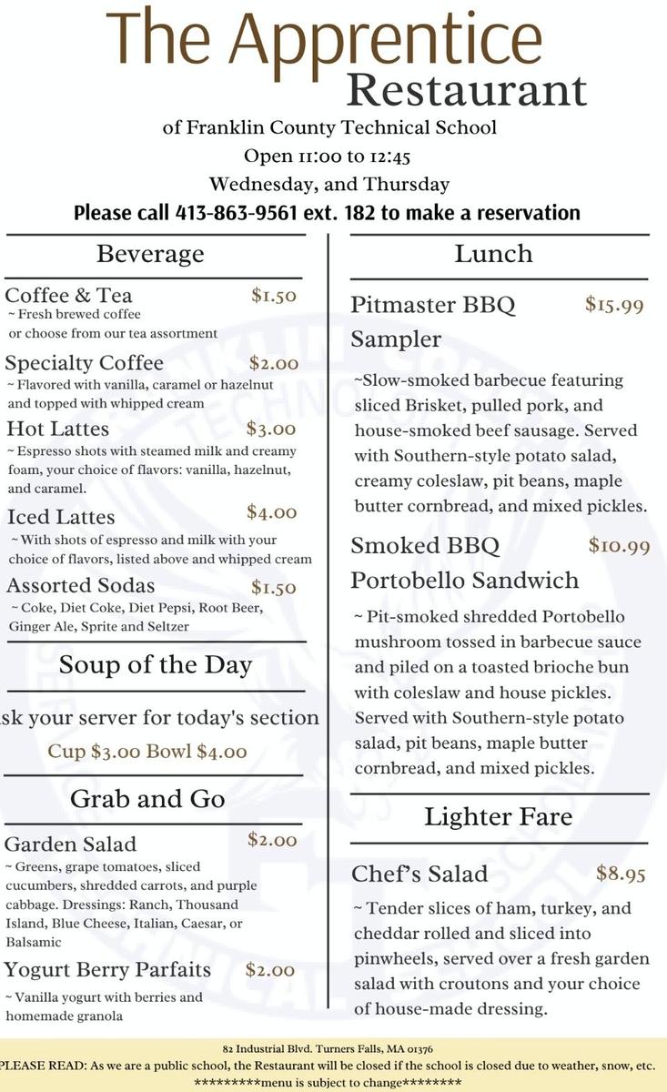 Apprentice Menu April 2026