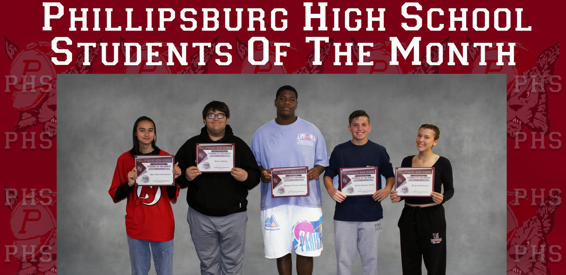 Five students proudly holding certificates with a gray background.