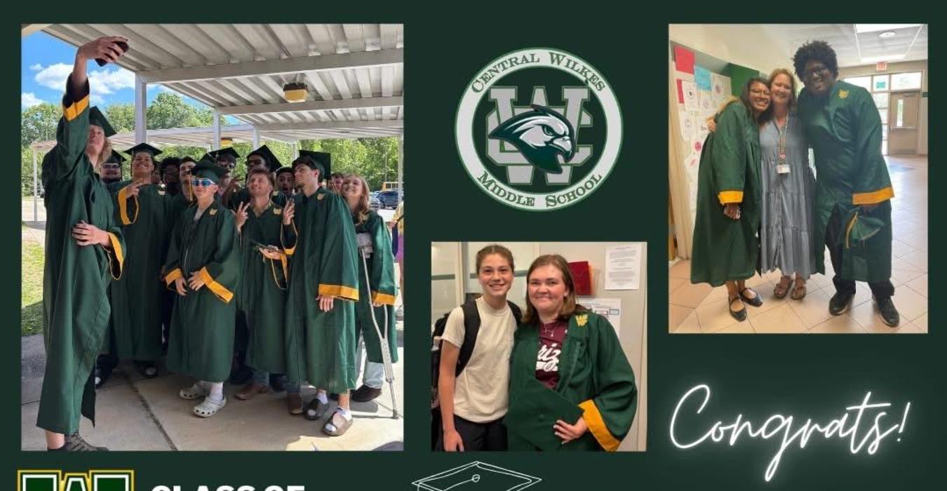 Graduates in green attire celebrating their achievement with friends and a bus.