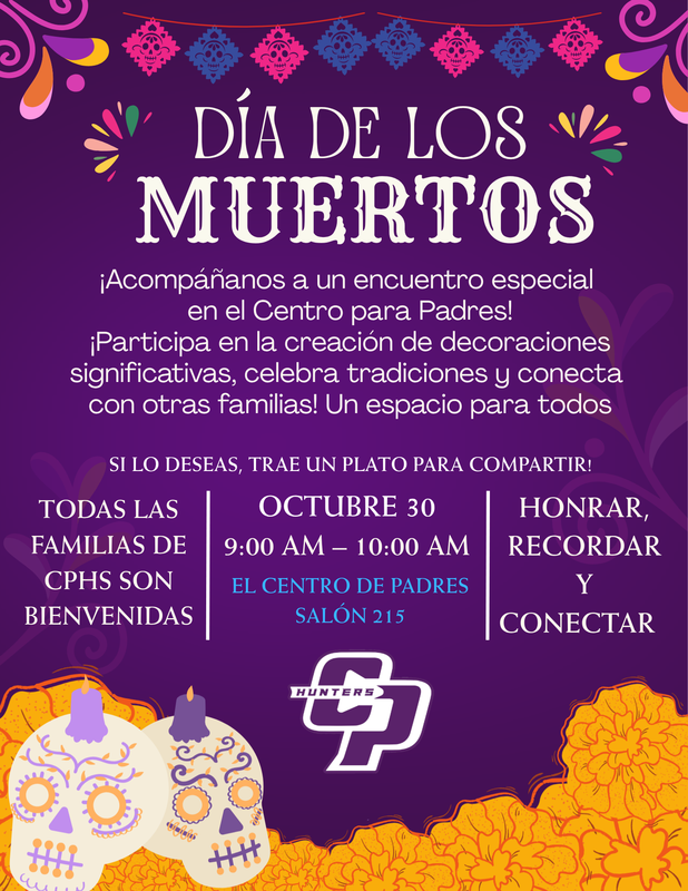 Dia de los Muertos family event in the Parent Center on October 29th in Spanish