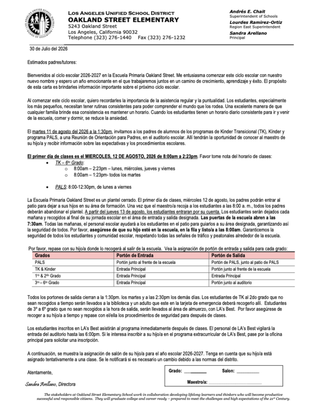 Welcome Letter (Spanish)